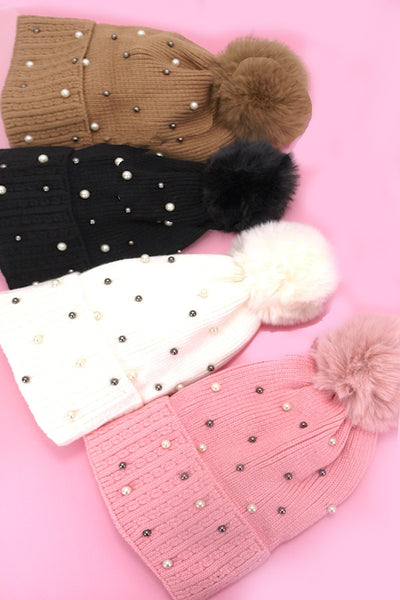 SEQUIN FAUX FUR POM POM BEANIE HAT | 40BN910