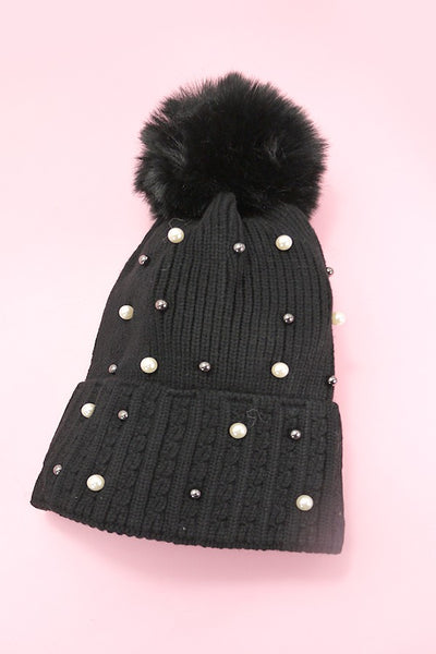 SEQUIN FAUX FUR POM POM BEANIE HAT | 40BN910