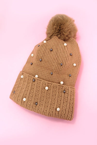 SEQUIN FAUX FUR POM POM BEANIE HAT | 40BN910