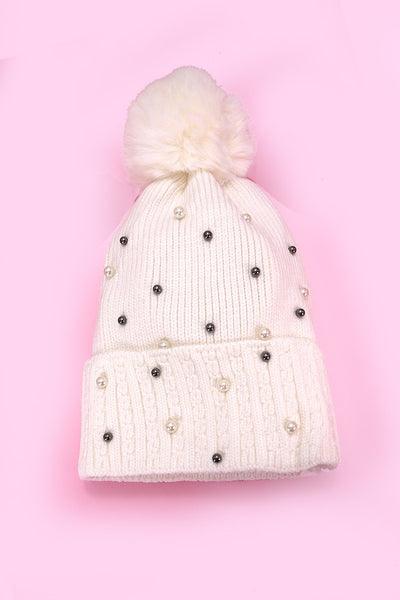 SEQUIN FAUX FUR POM POM BEANIE HAT | 40BN910