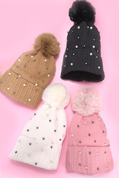 SEQUIN FAUX FUR POM POM BEANIE HAT | 40BN910