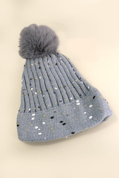 SEQUIN FAUX FUR POM POM BEANIE HAT | 40BN911