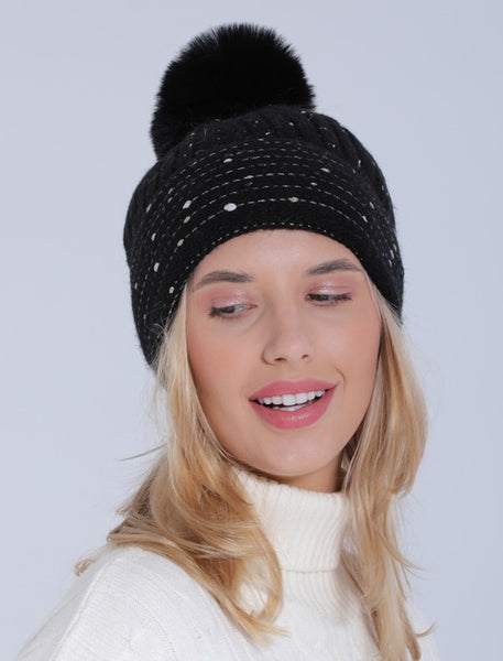 SEQUIN FAUX FUR POM POM BEANIE HAT | 40BN911