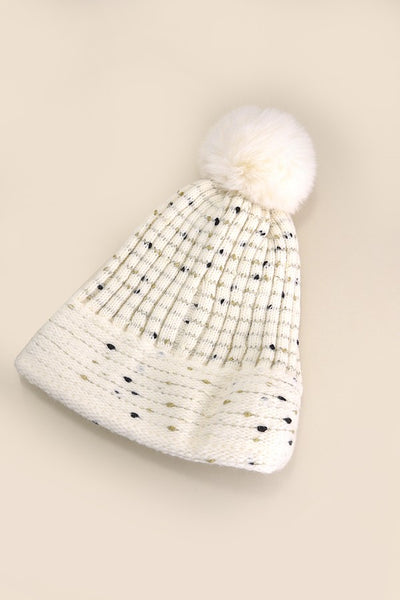 SEQUIN FAUX FUR POM POM BEANIE HAT | 40BN911