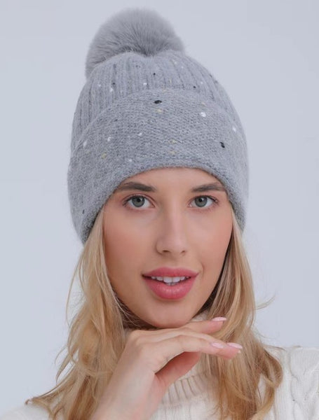 SEQUIN FAUX FUR POM POM BEANIE HAT | 40BN911