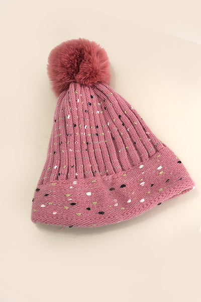 SEQUIN FAUX FUR POM POM BEANIE HAT | 40BN911