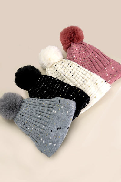 SEQUIN FAUX FUR POM POM BEANIE HAT | 40BN911