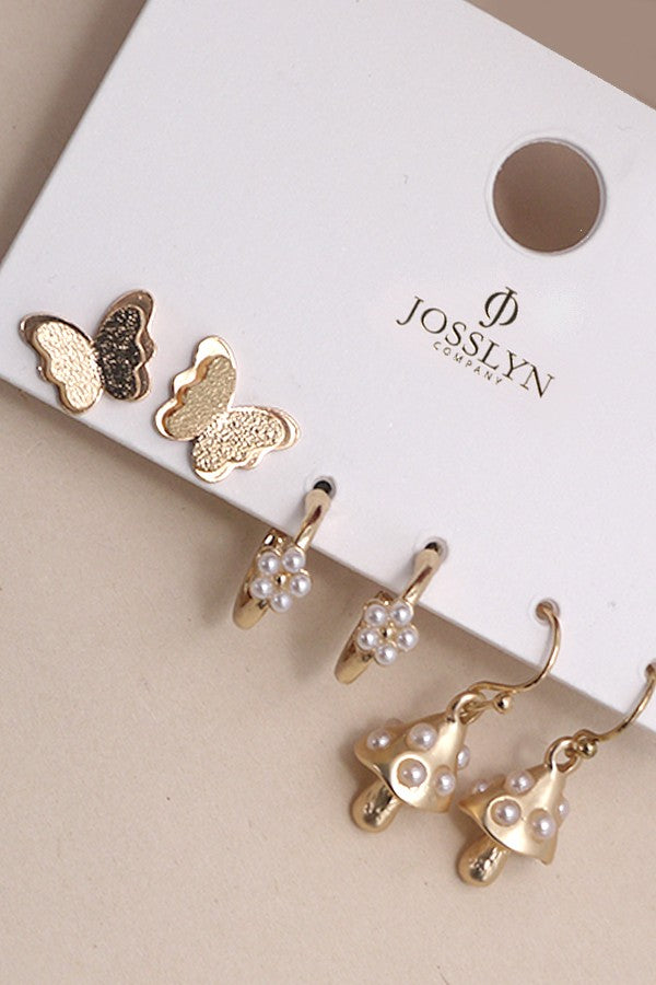 BUTTERFLY FLOWER MUSHROOM PEARL TRIO EARRING | 80E3756