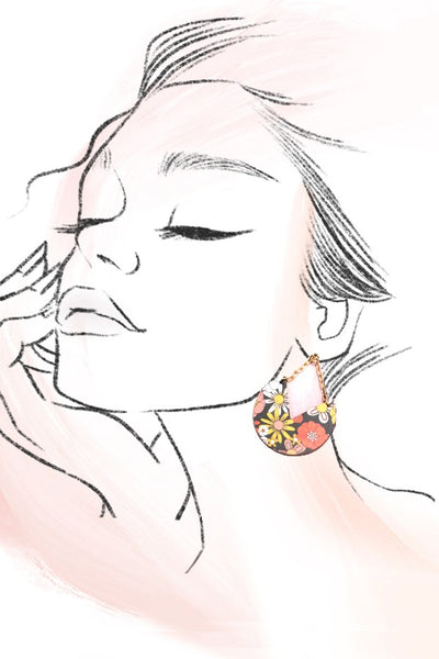FLOWER PRINT WOOD CHAIN DROP EARRINGS | 31E24675