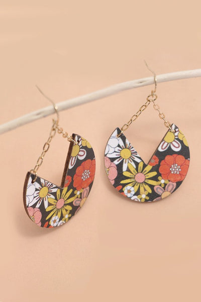 FLOWER PRINT WOOD CHAIN DROP EARRINGS | 31E24675