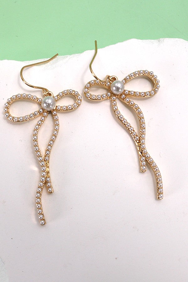 PEARL EMBELLISHED BOW DROP EARRINGS | 31E24741