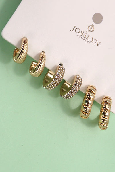 TRIO RHINESTONE TEXTURED HUGGIE HOOP EARRINGS | 80E5014