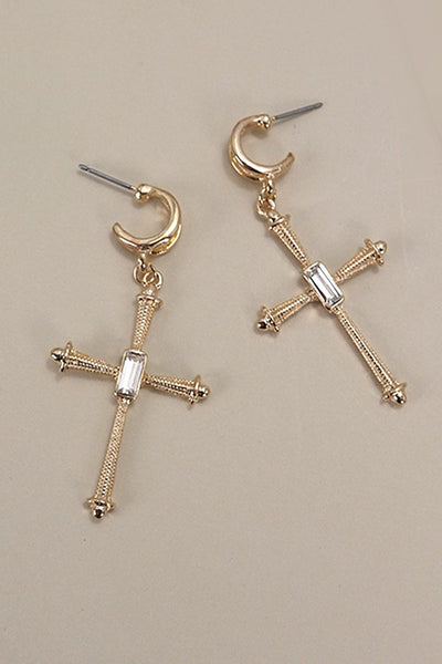 CROSS RHINESTONE DROP HUGIE HOOP EARRINGS | 80E3992