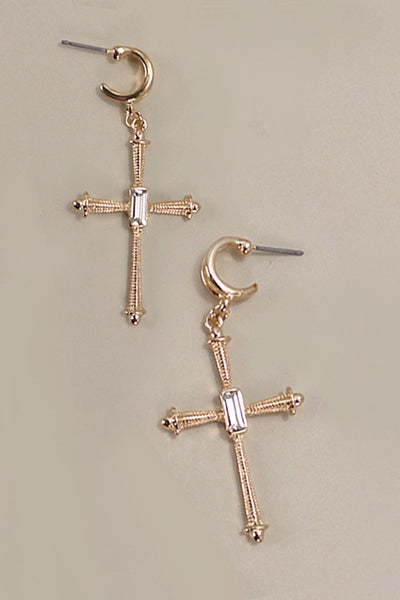 CROSS RHINESTONE DROP HUGIE HOOP EARRINGS | 80E3992