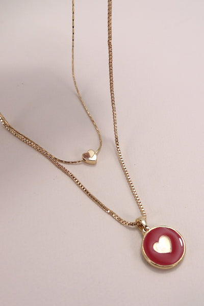 DOUBLE ROW RED EPOXY GOLD HEART NECKLACE | 80N858