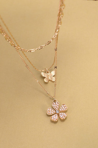 TRIO LAYERED BUTTERFLY FLOWER CHARM NECKLACE | 80N878