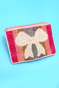 BOW RIBBON RAINBOW WHITE SEED BEAD HOLIDAY POUCH | 91P780