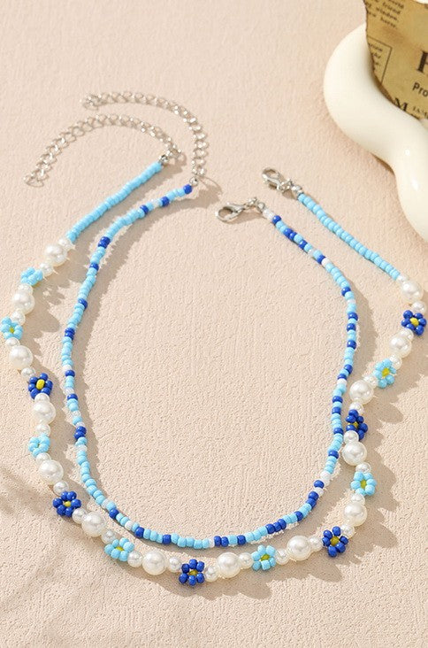 DOUBLE LAYER PEARL BEADED FLOWER NECKLACE | 40NK324