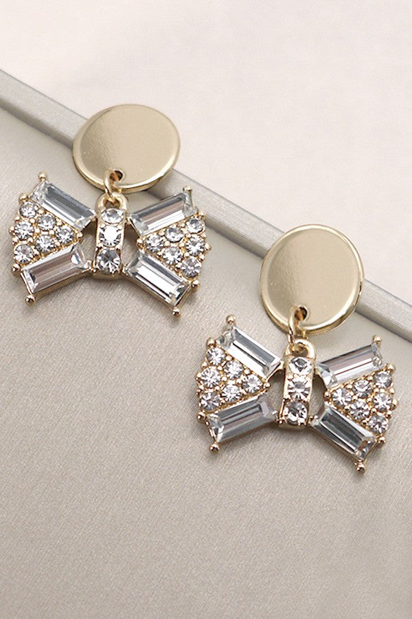 CLASSIC GOLD STUD RHINESTONE BOW DROP EARRINGS | 31E24816