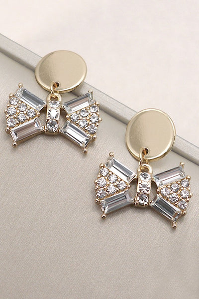 CLASSIC GOLD STUD RHINESTONE BOW DROP EARRINGS | 31E24816