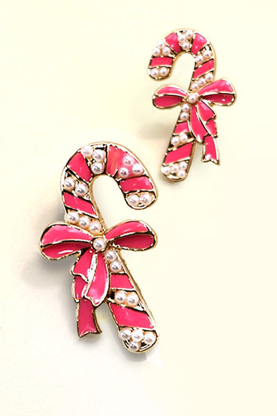 CHRISTMAS CANDY CANE BOW PEARL STUD EARRINGS | 31E24762