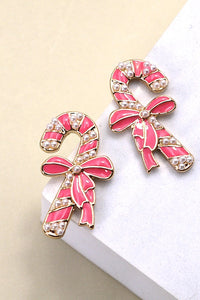 CHRISTMAS CANDY CANE BOW PEARL STUD EARRINGS | 31E24762