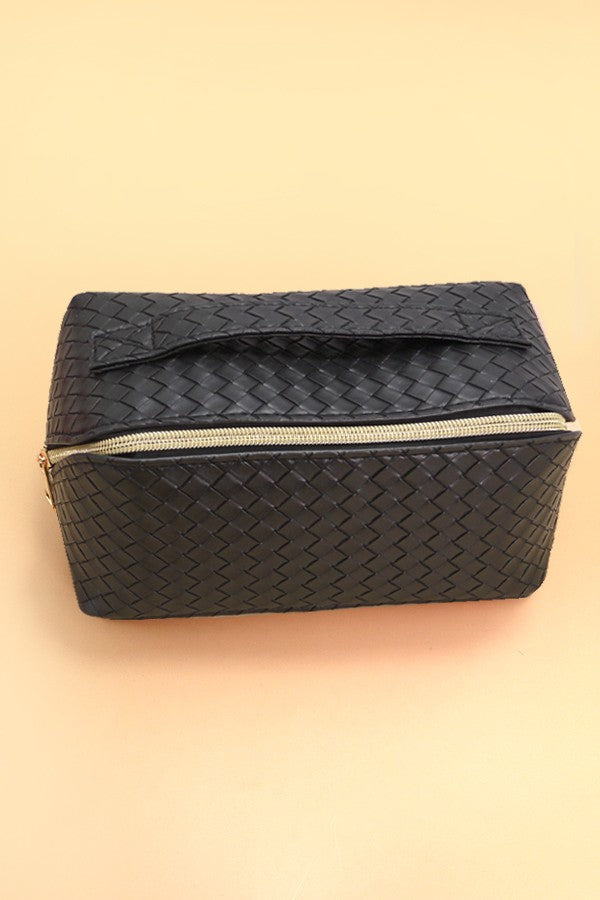 FAUX LEATHER OPEN FLAT COSMETIC MAKEUP POUCH BAG | 40P534