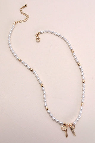 BOW RIBBON PEARL GOLD MIX CHAIN NECKLACE | 31N24093