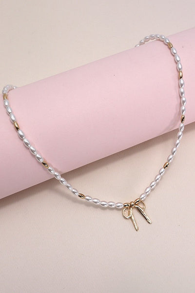 BOW RIBBON PEARL GOLD MIX CHAIN NECKLACE | 31N24093