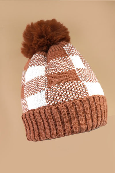 CHECKER SOFT PLUSH FAUX FUR POM POM BEANIE HAT | 40BN915