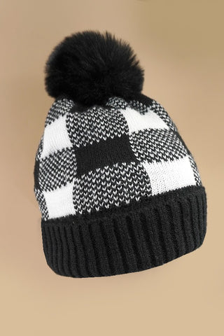 CHECKER SOFT PLUSH FAUX FUR POM POM BEANIE HAT | 40BN915