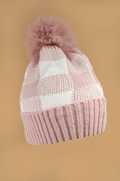 CHECKER SOFT PLUSH FAUX FUR POM POM BEANIE HAT | 40BN915