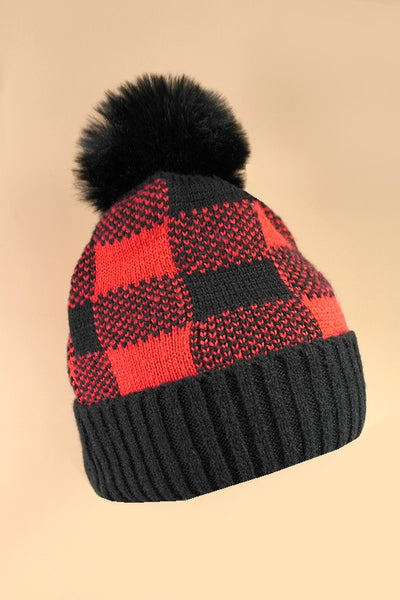 CHECKER SOFT PLUSH FAUX FUR POM POM BEANIE HAT | 40BN915