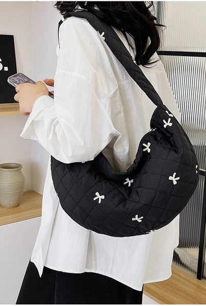 PUFFY QUILTED BOW COTTON HANDBAG SHOULDER BAG | 40P541