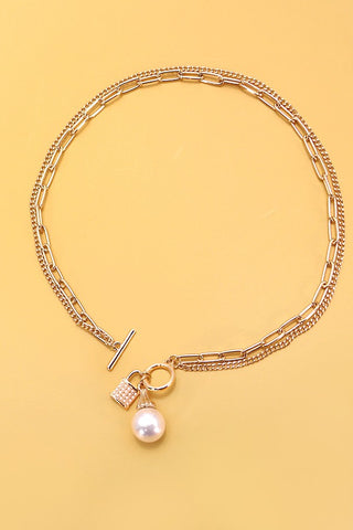 PEARL LOCK CHARM DOUBLE LAYER TOGGLE NECKLACE | 31N24104