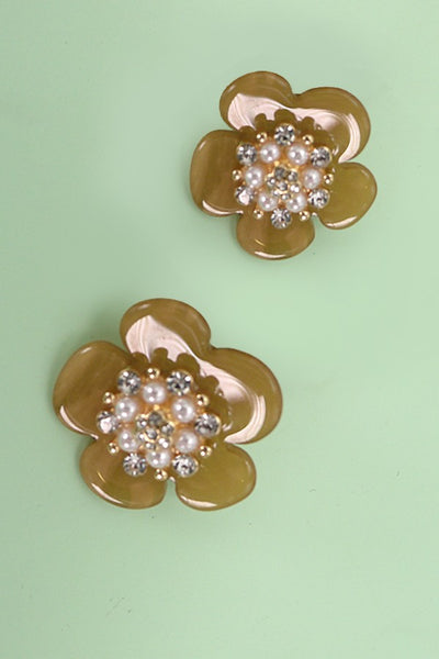 MULTI RHINSTEONE PEARL FLOWER ACRYLIC EARRINGS | 80E5346