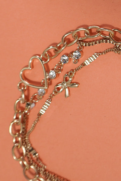 MULTI LAYER BOW HEART STATION RHINESTONE BRACELET | 80B237