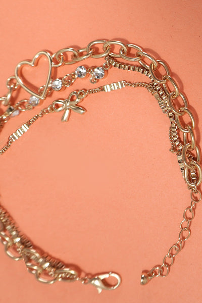 MULTI LAYER BOW HEART STATION RHINESTONE BRACELET | 80B237