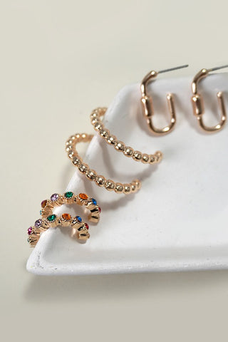 TRIO RHINESTONE BALL HUGGIE HOOP EARRINGS SET OF 3 | 80E5382