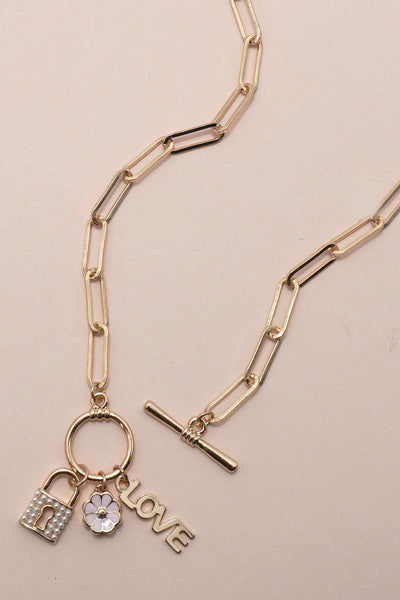 CLUSTER CHARM LOCK FLOWER LOVE TOGGLE NECKLACE | 31N24128