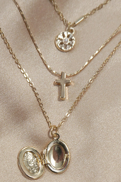 MULTI LAYER LOCKET CROSS CHARM NECKLACE | 80N1073