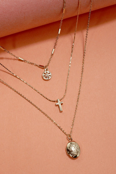 MULTI LAYER LOCKET CROSS CHARM NECKLACE | 80N1073