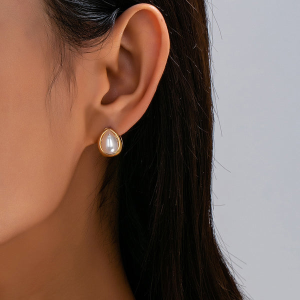 Chunky Gold & Pearl Teardrop Huggie Hoop Earrings | 80E63347