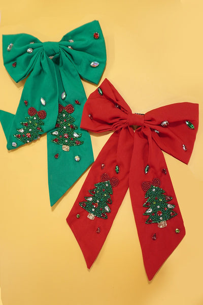 CHRISTMAS TREE SEED BEAD HAIR BOW CLIPS | 91HC4551