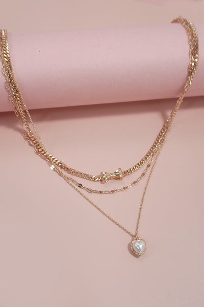 BOW PEARL HEART PENDANT LAYERED NECKLACE | 80N1107