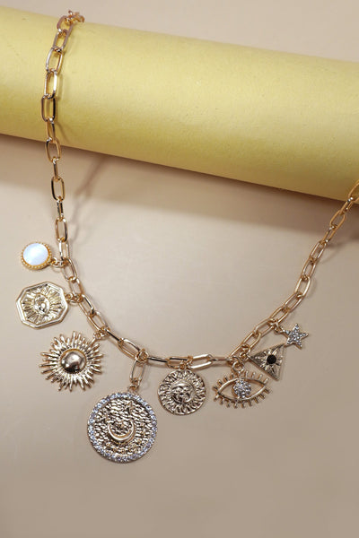 MULTI CHARM MIX SUN EVIL EYE LINK CHAIN NECKLACE | 40NK367