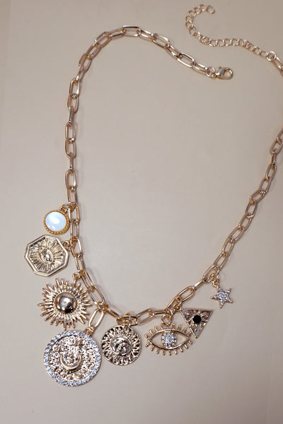 MULTI CHARM MIX SUN EVIL EYE LINK CHAIN NECKLACE | 40NK367