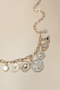 MULTI CHARM MIX SUN EVIL EYE LINK CHAIN NECKLACE | 40NK367