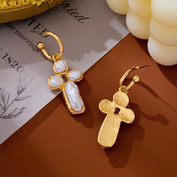 Elegant Pearl Cross Huggie Drop Earrings | 80E63380