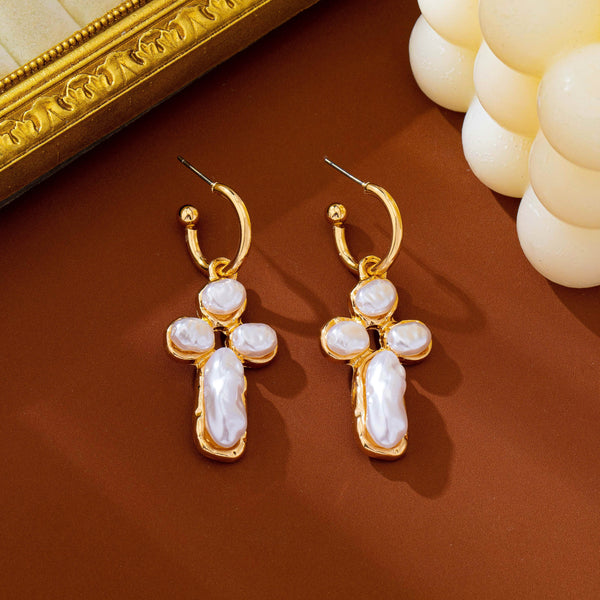 Elegant Pearl Cross Huggie Drop Earrings | 80E63380